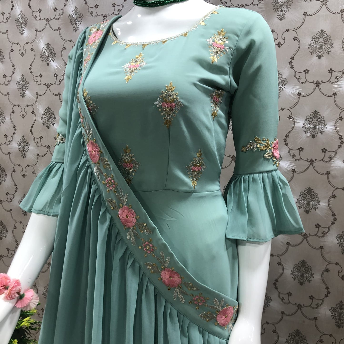 Stylish Georgette Thread Zari Sequence Work Full Stitched Gown with Shrug