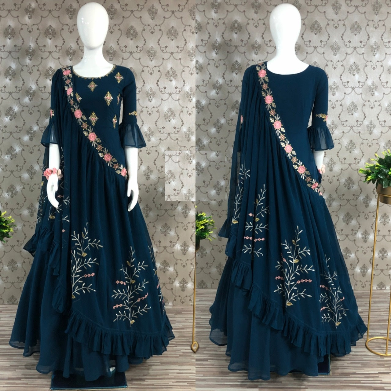 Stylish Georgette Thread Zari Sequence Work Full Stitched Gown with Shrug
