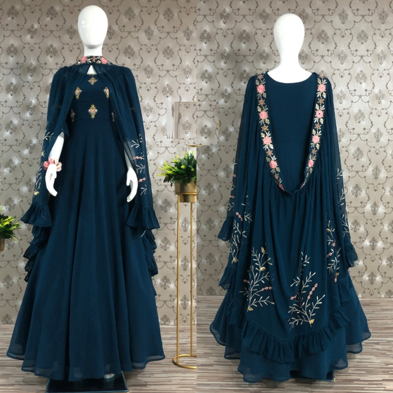 Stylish Georgette Thread Zari Sequence Work Full Stitched Gown with Shrug