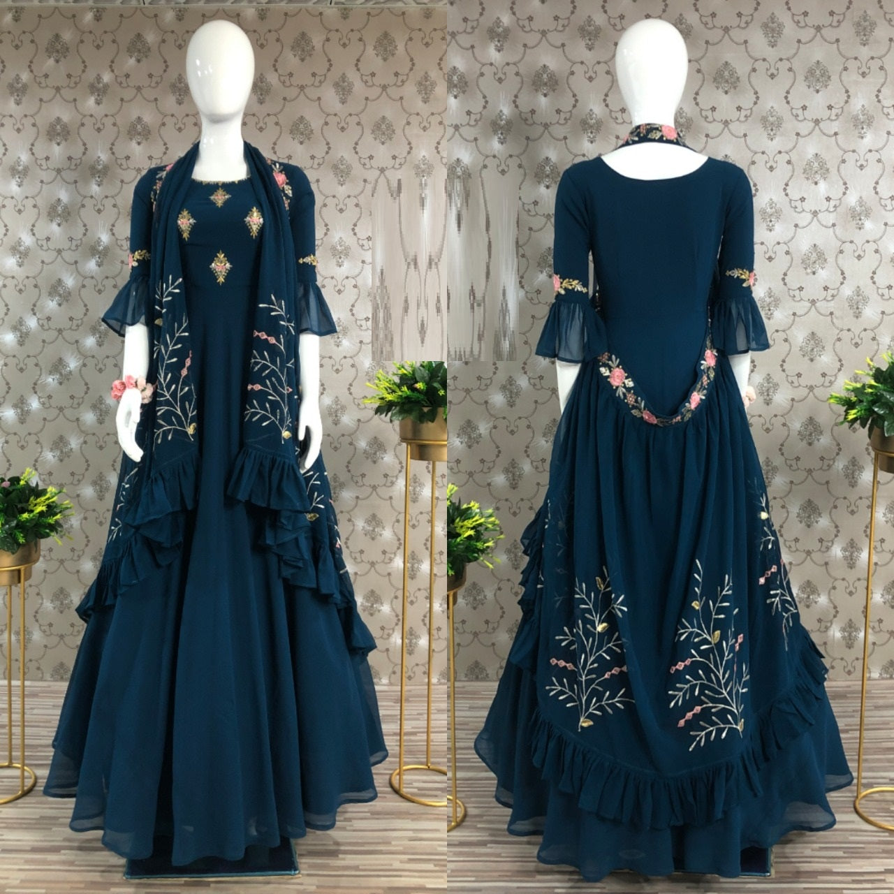 Stylish Georgette Thread Zari Sequence Work Full Stitched Gown with Shrug