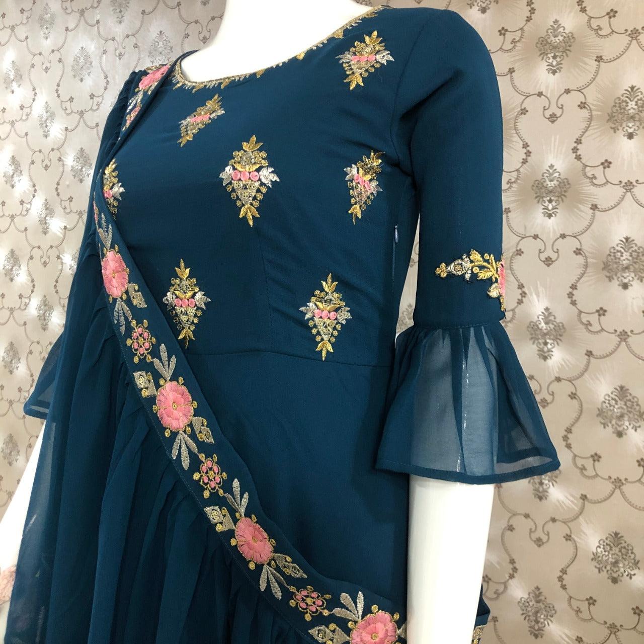 Stylish Georgette Thread Zari Sequence Work Full Stitched Gown with Shrug