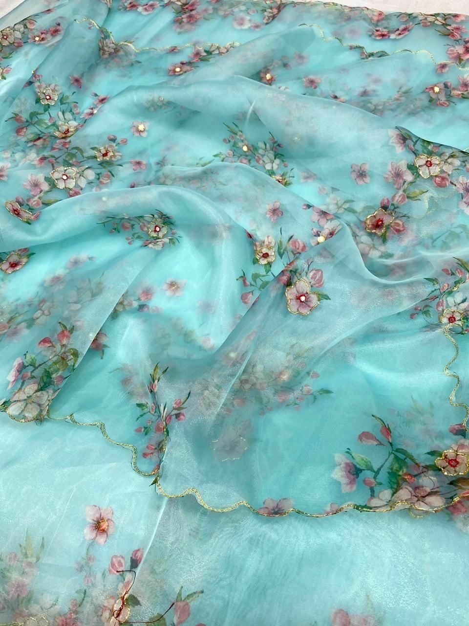 Party Wear Organza Silk Digital Print Hand Work Saree Blouse