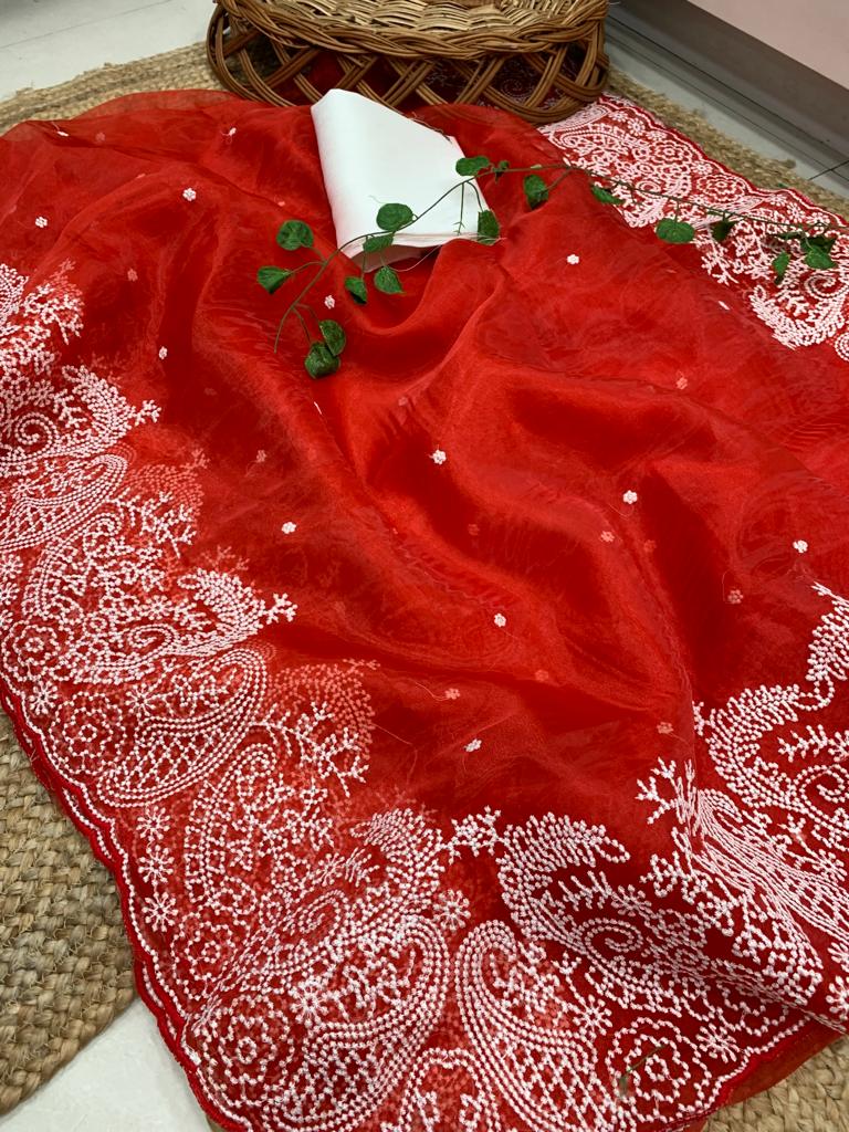Party Wear Organza Silk Embroidered Border Saree Blouse