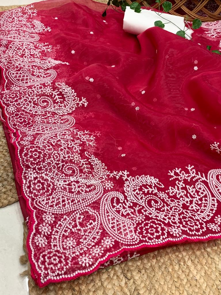 Party Wear Organza Silk Embroidered Border Saree Blouse