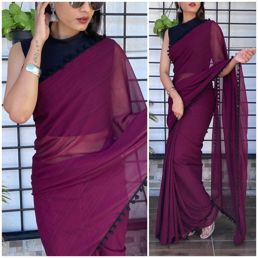 Amazing Georgette Pompom Lace Border Saree Blouse