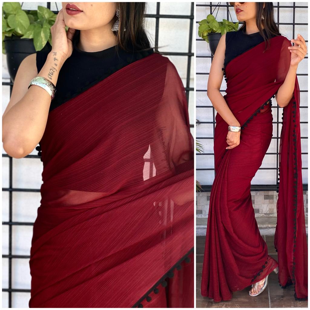 Amazing Georgette Pompom Lace Border Saree Blouse