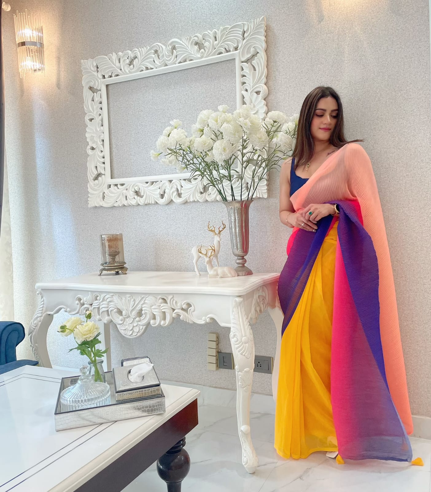 Beautiful Multi Color Georgette Crush Pattern Saree Blouse
