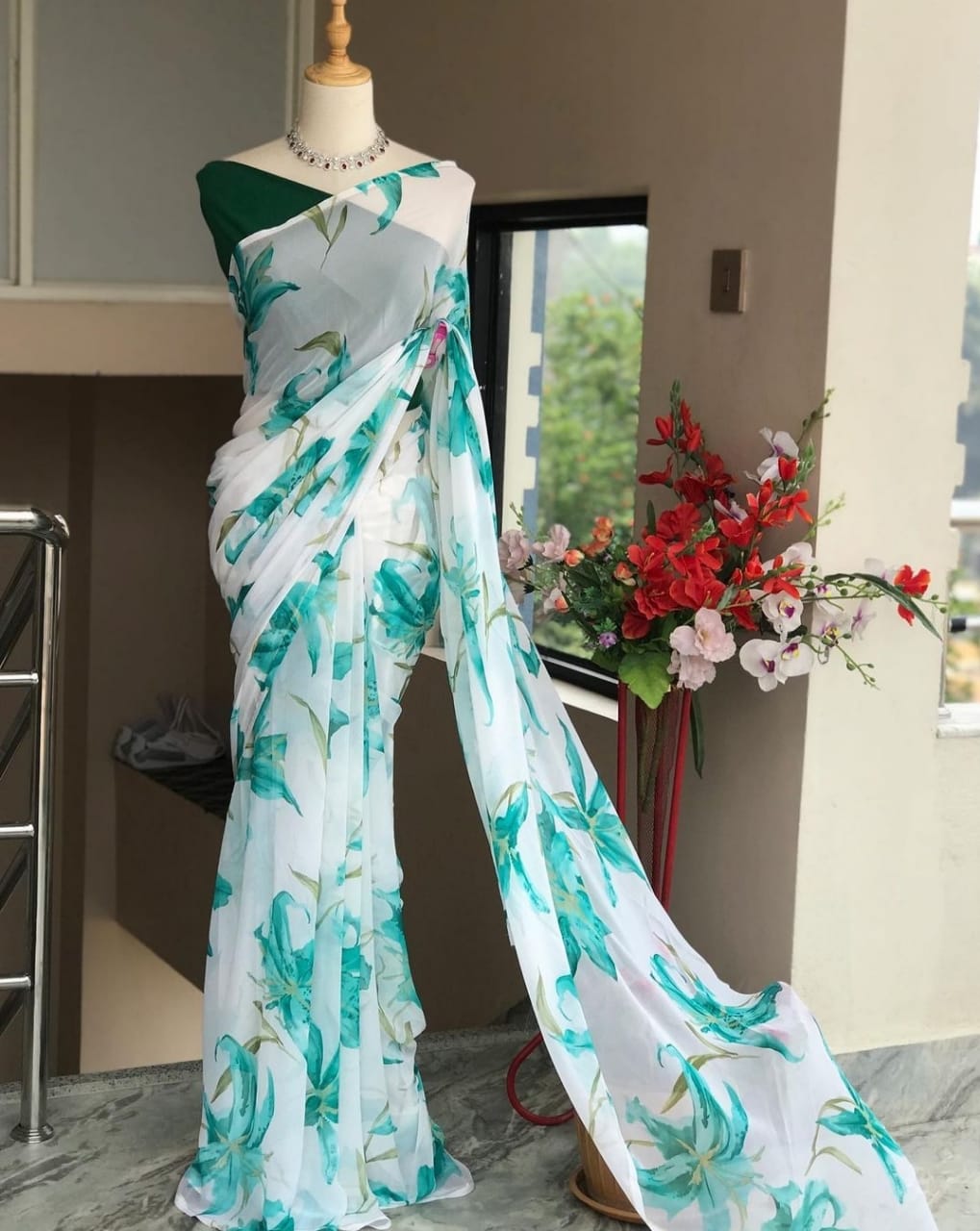 Rama Color Georgette Flowery Print Saree Blouse For Function