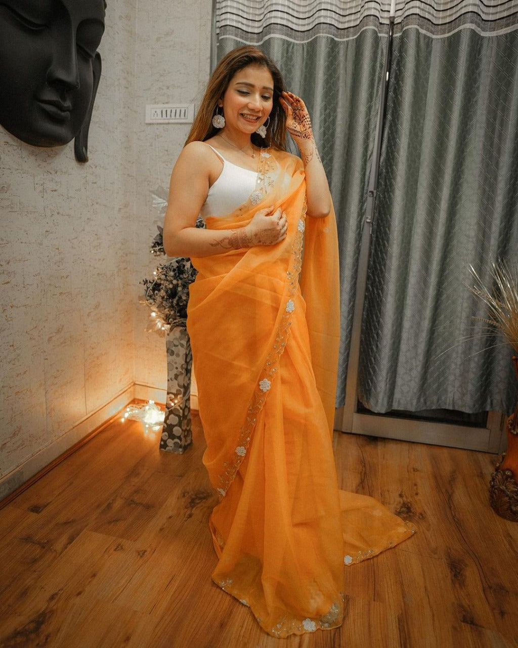 Classic Mustard Color Organza Val Moti Work Saree For Women