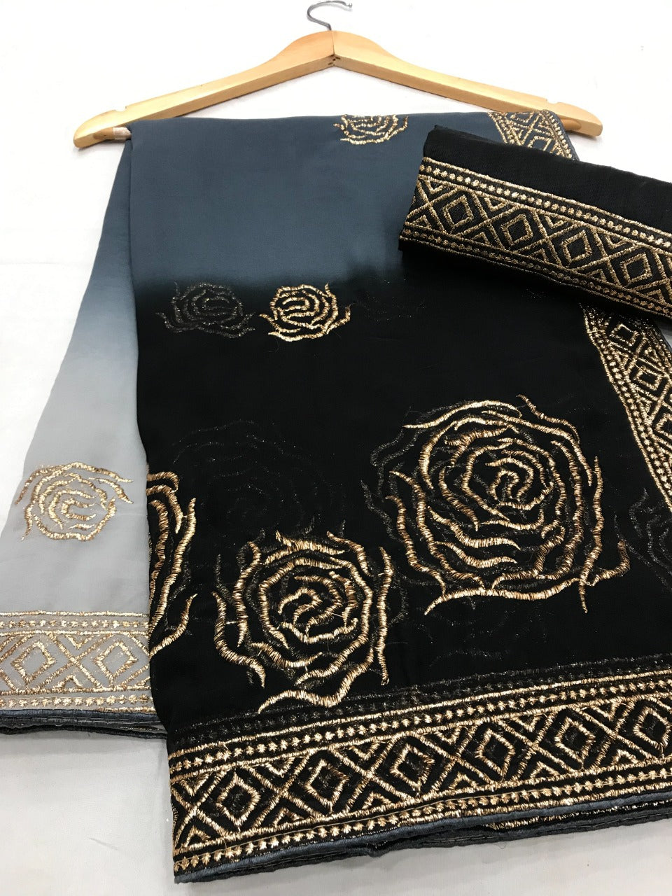 Outstanding Black Grey Shaded Georgette Zari Embroidered Work Saree Blouse