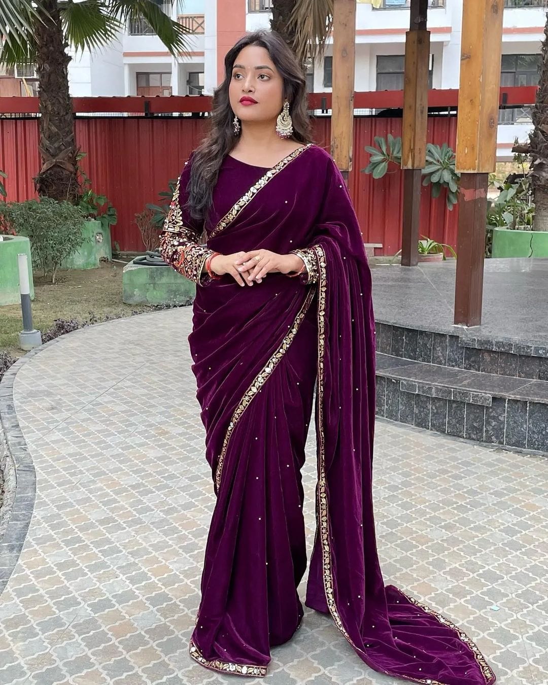 Function Wear Purple Velvet Embroidered work on saree and Blouse For Women