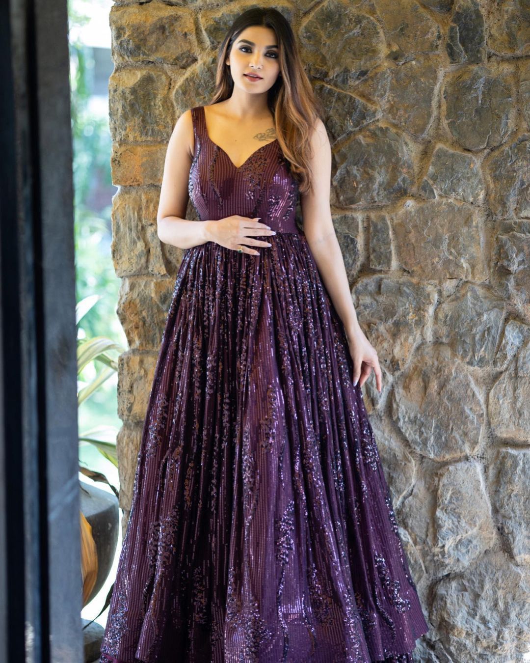 Function Wear Wine Color Georgette Sequence Work Gown