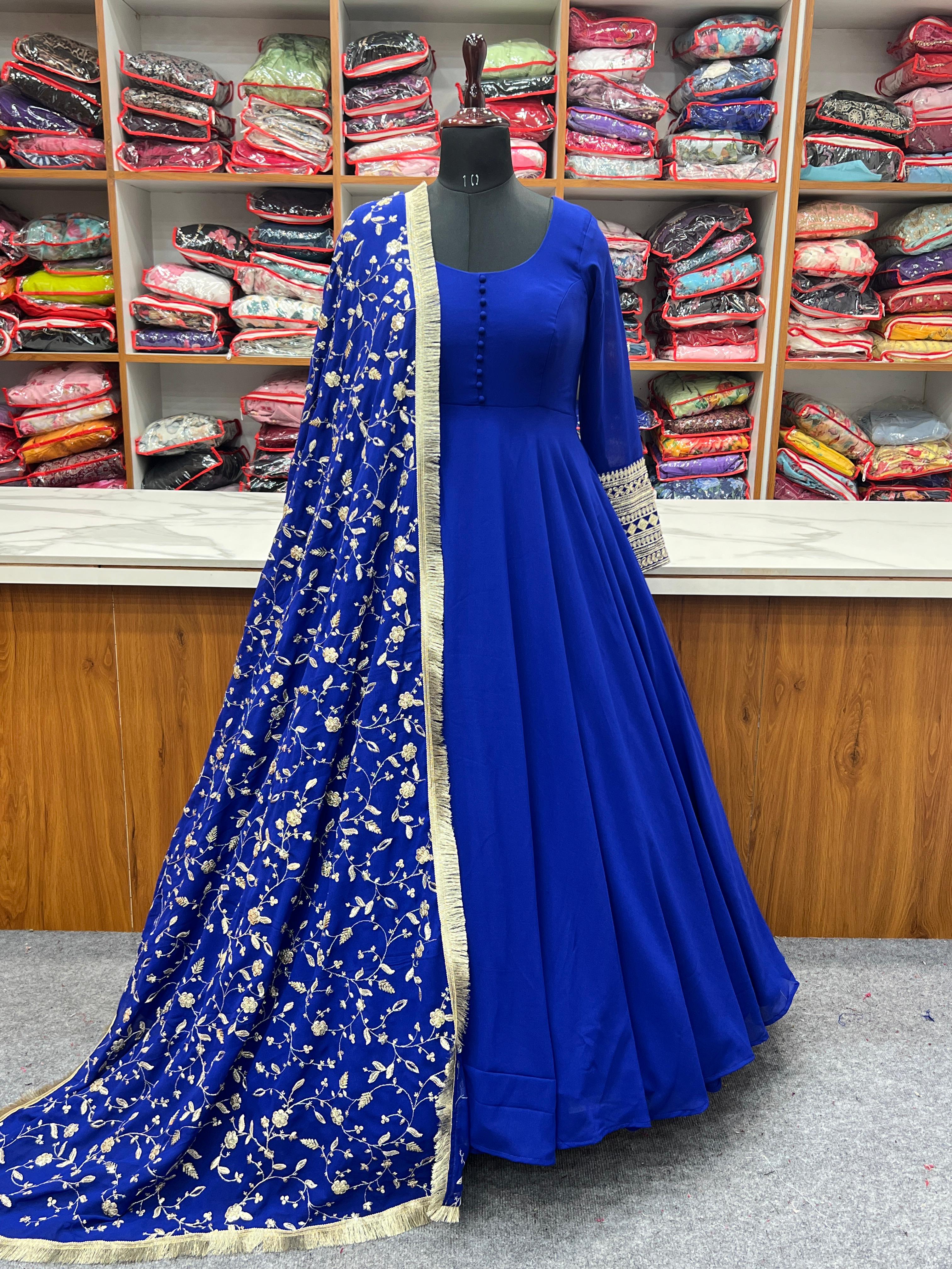 Royal Blue Color Faux Georgette Full Stitched Gown with Full Work Dupa Lehenga Closet Royal Blue Color Faux Georgette Full Stitched Gown with Full Work Dupa Lehenga Closet