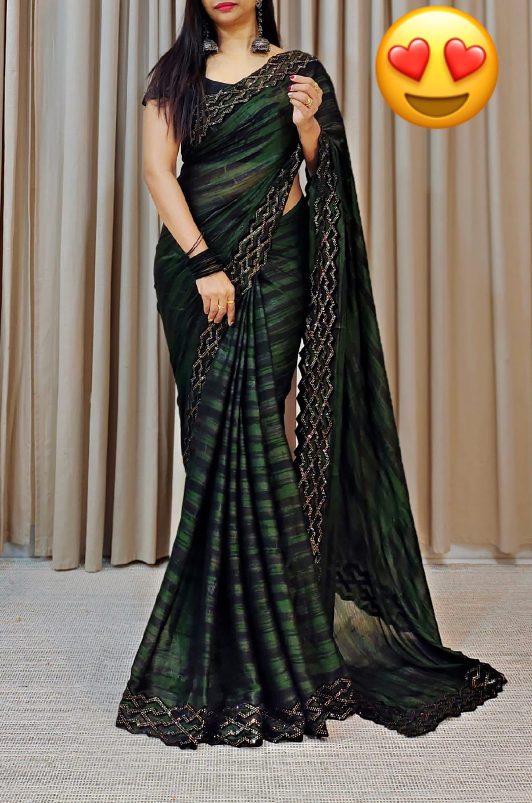 Party Wear Moss Zari Chiffon Saree with Velvet Cut Swaroski Work Border