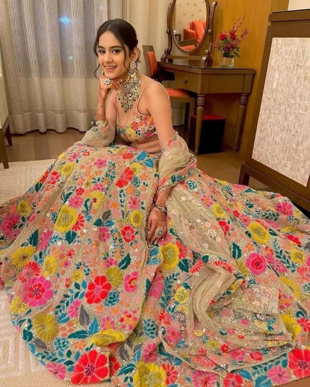 Colorful Floral Thread Embroidered Work Georgette Semi Stiched Lehenga Choli