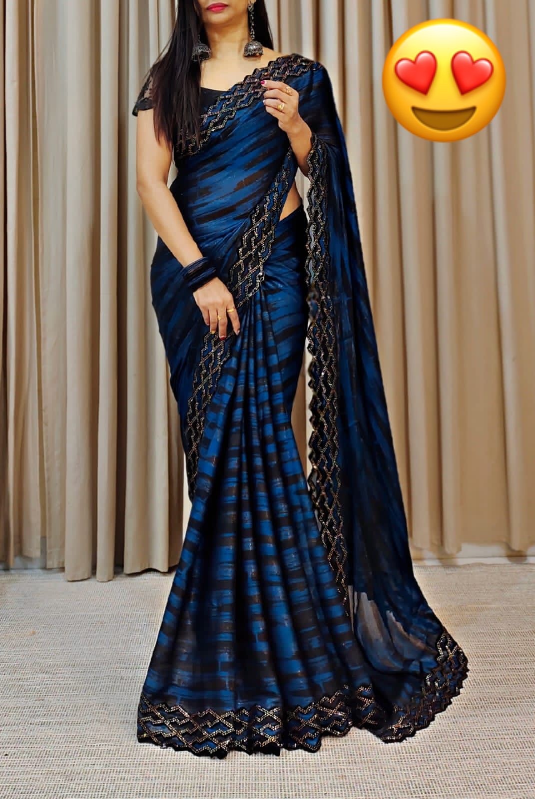 Party Wear Moss Zari Chiffon Saree with Velvet Cut Swaroski Work Border