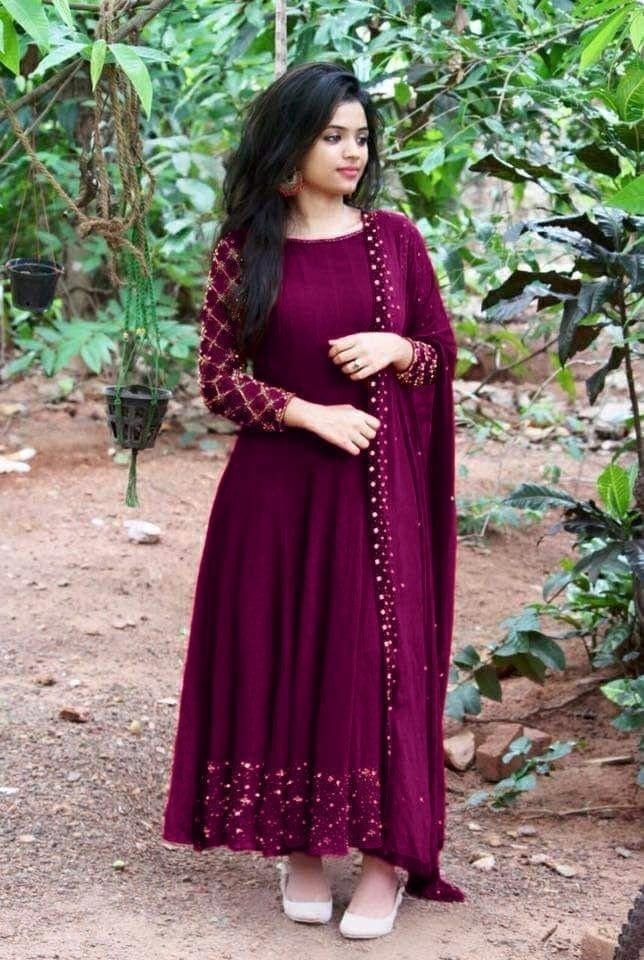 Wine Color Party Wear Georgette Latest Moti Work Designer Gown With Dupatta