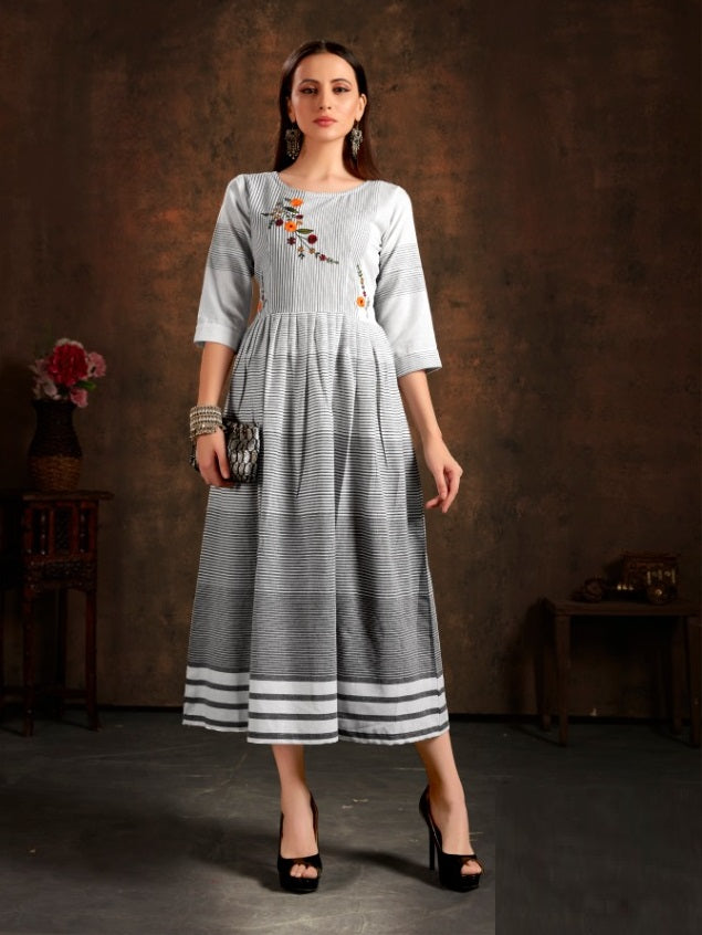 Desirable Cotton Embroidered Work Checks Ready Made Gown For Women