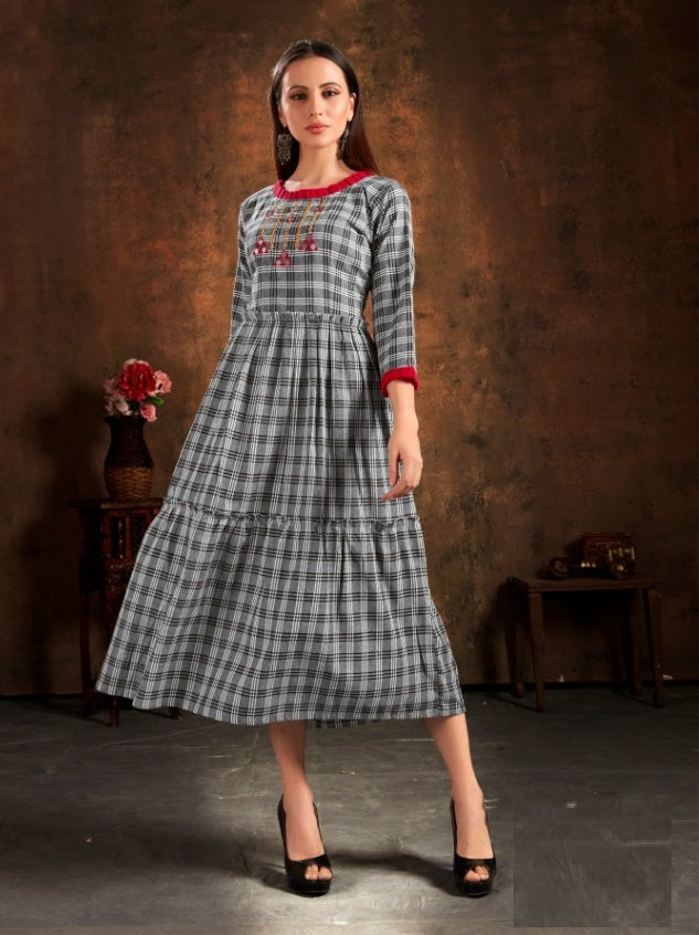 Desirable Cotton Embroidered Work Checks Ready Made Gown For Women
