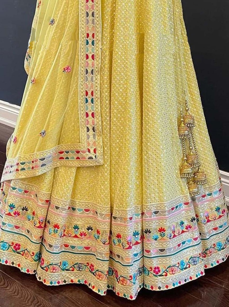 Pleasant Yellow Color Festive Wear Thread Multi Work Georgette Lehenga Choli