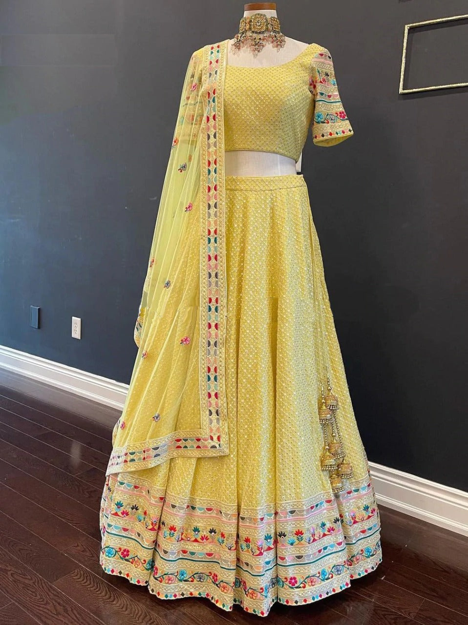 Pleasant Yellow Color Festive Wear Thread Multi Work Georgette Lehenga Choli