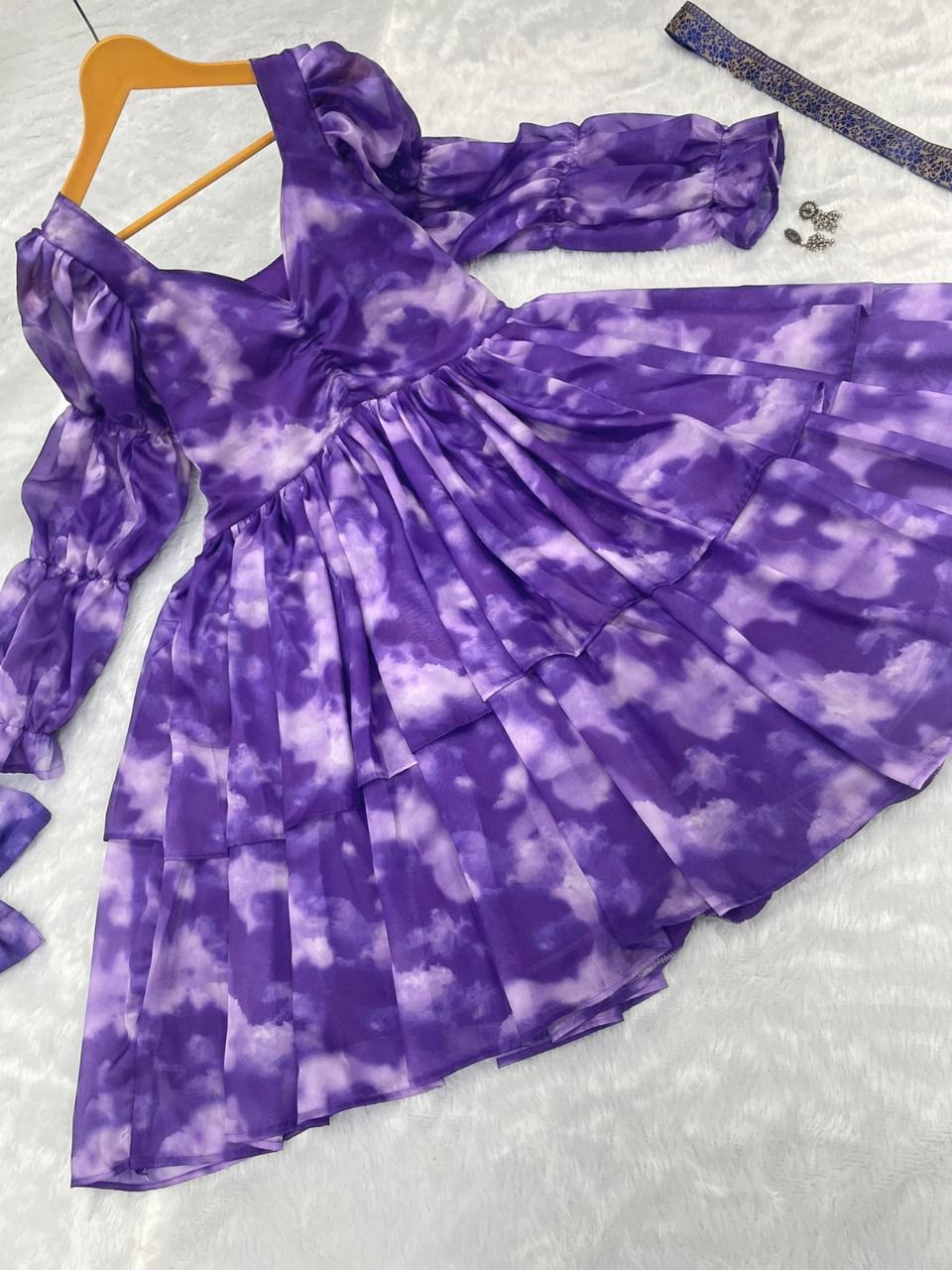Purple Colour Organza Silk Digital Printed Double Layer One Pis Top With Belt And Hair Bend
