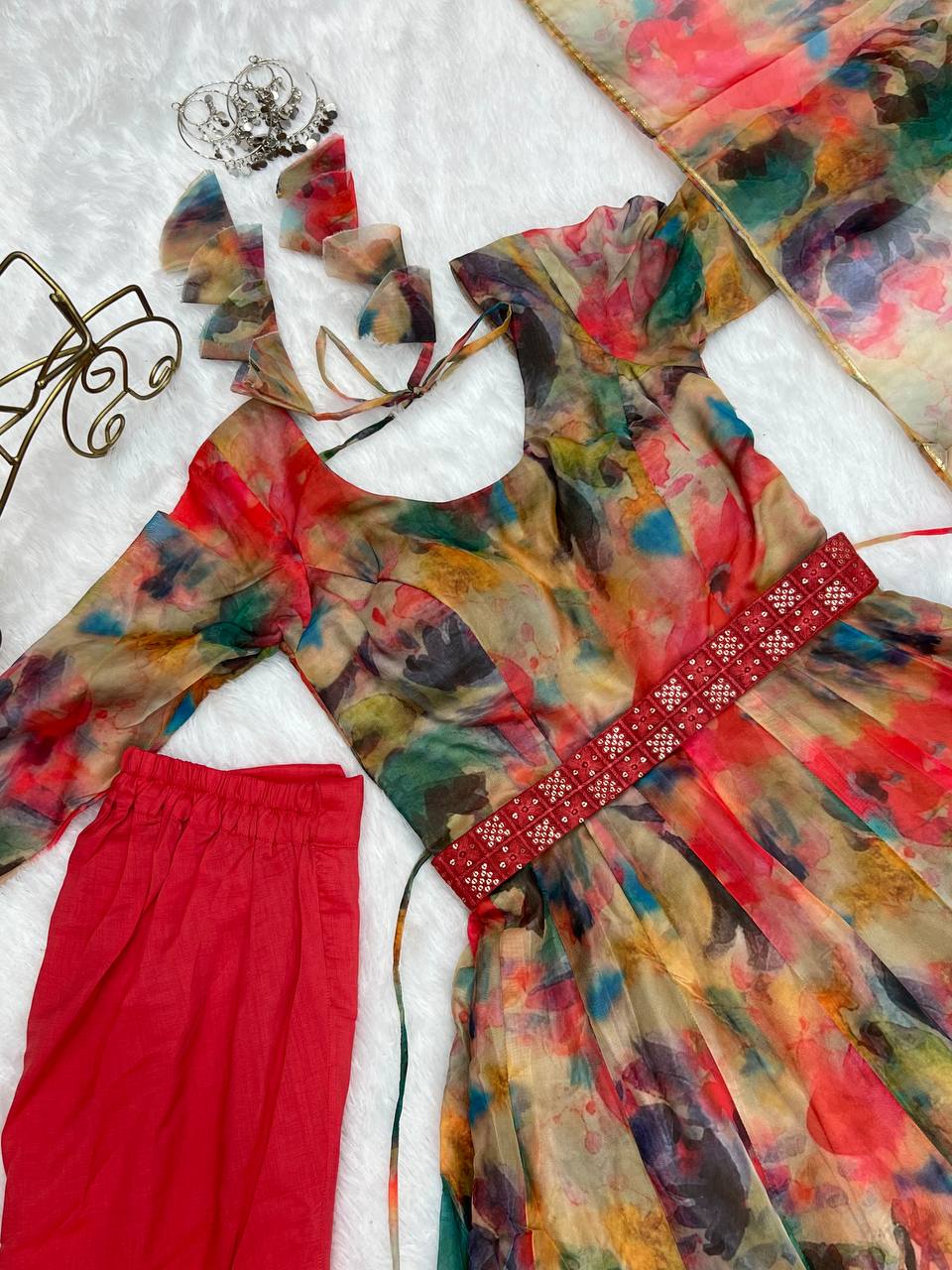 Readymade Beautiful Organza Silk Print Anarkali Gown with Pant Dupatta