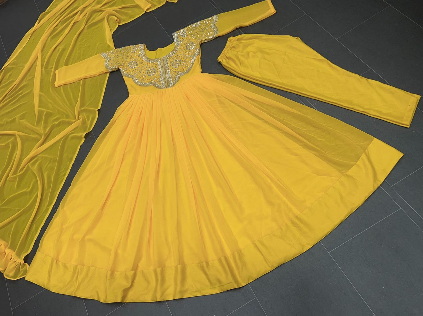Party Wear Georgette Thred And Sequence Worked Gown With Crep Pent And Georgette Duppata 18