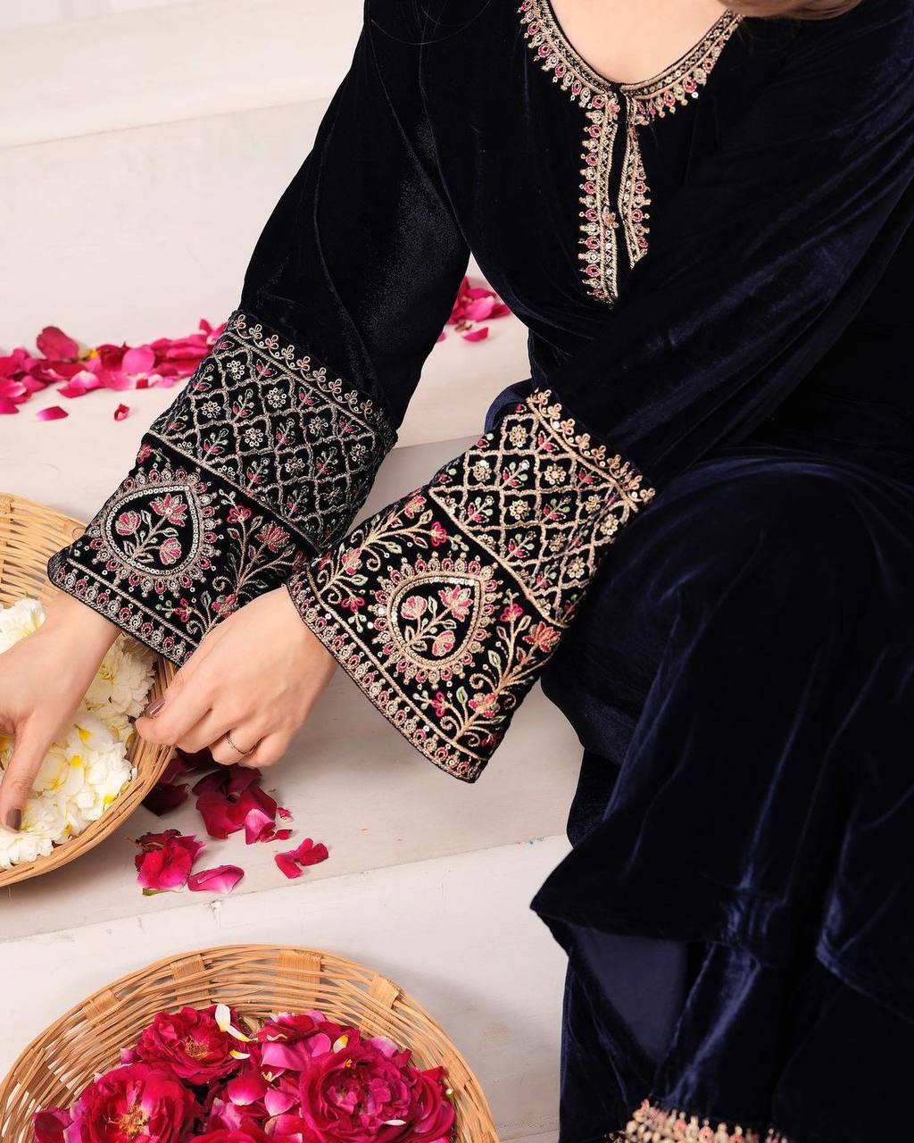 Black Velvet Embroidered Full Stitched Salwar Suit For Women