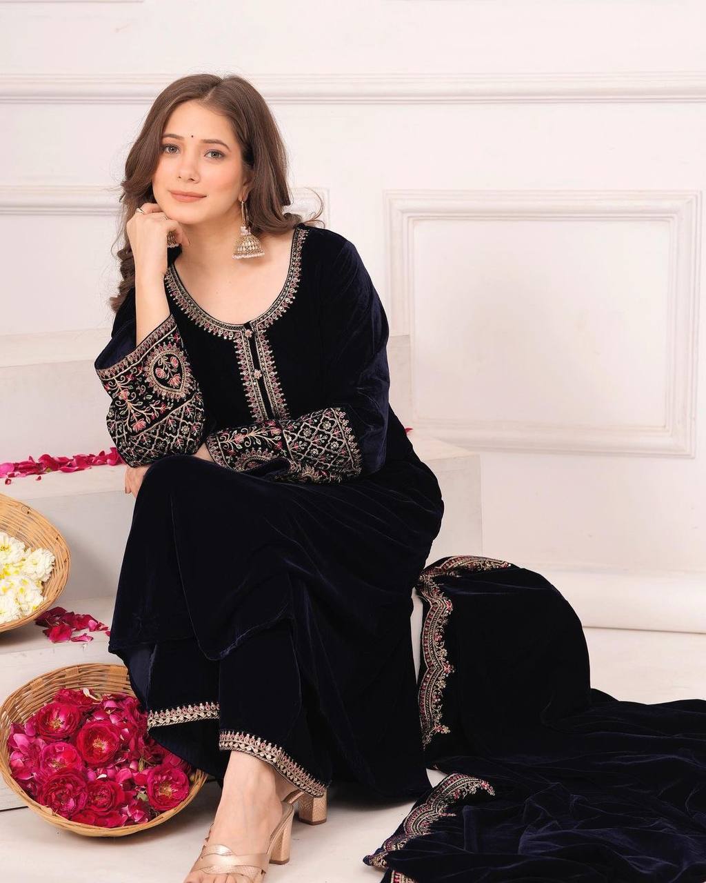 Black Velvet Embroidered Full Stitched Salwar Suit For Women