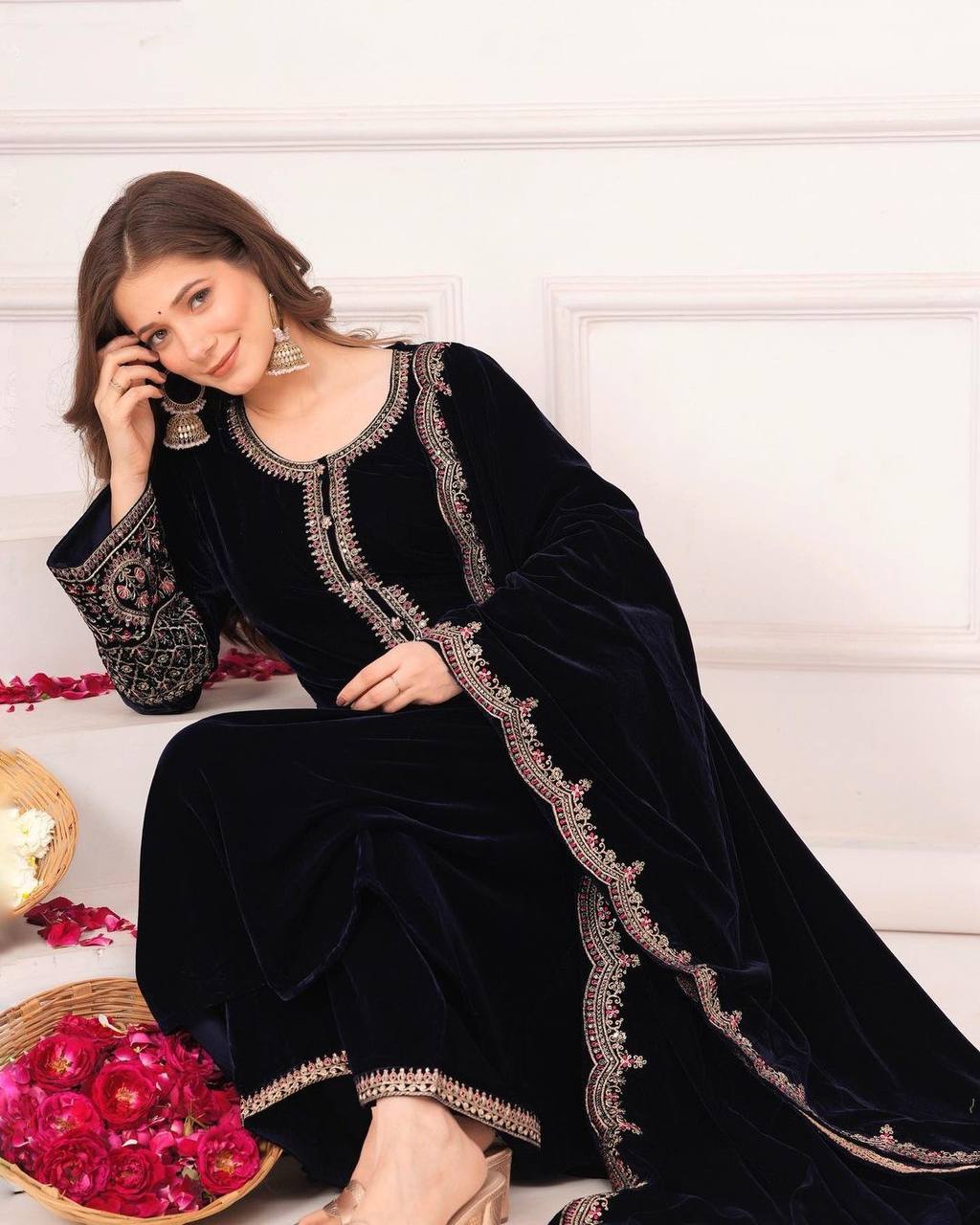 Black Velvet Embroidered Full Stitched Salwar Suit For Women