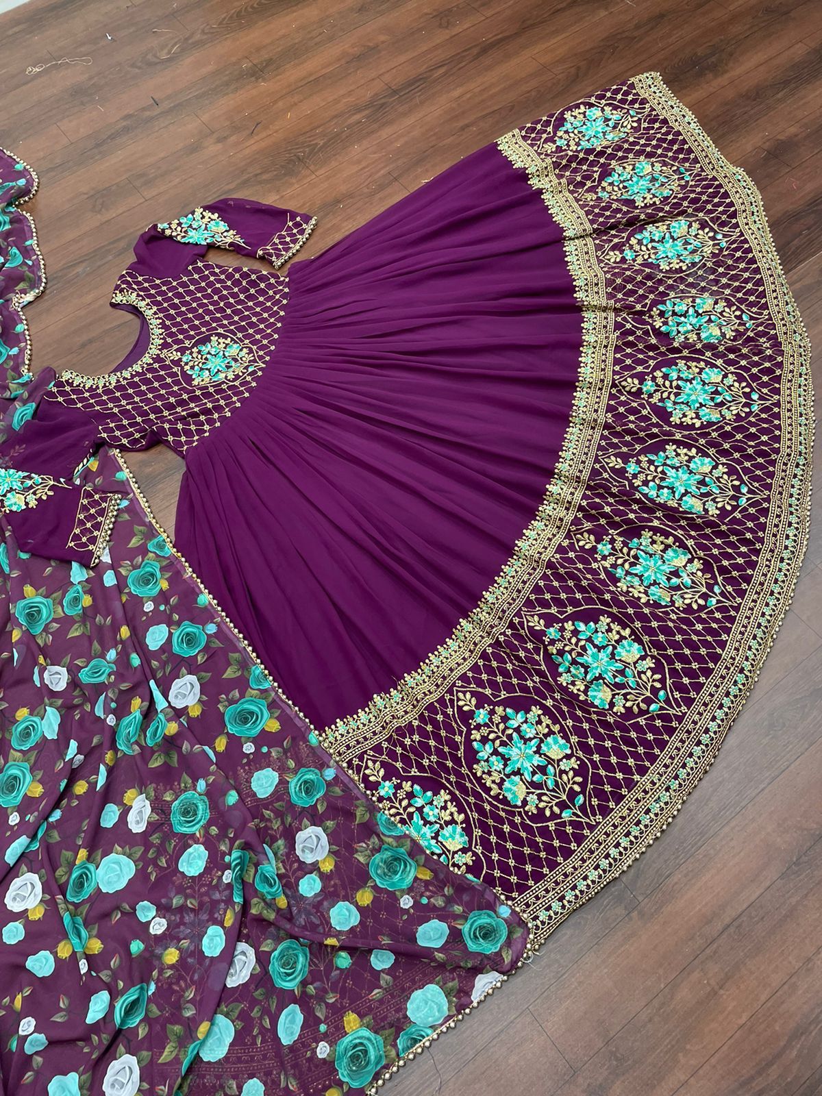 Awesome Georgette With Digital Print Gown With Satin Lace For Women