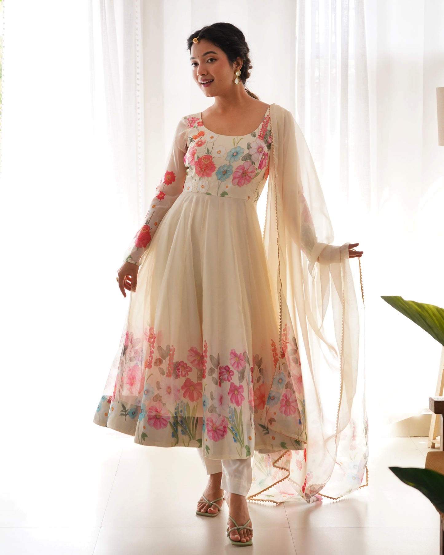 Ivory Soft Organza Silk Printed Anarkali Gown Set Pant Dupatta