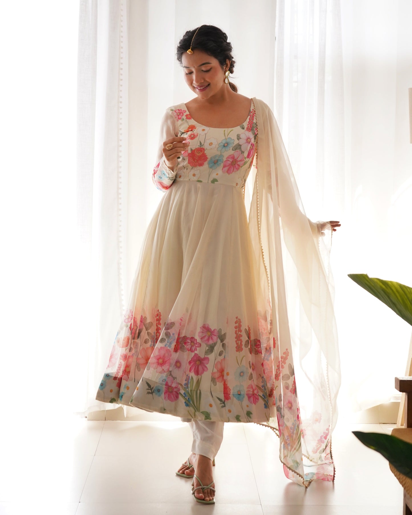 Ivory Soft Organza Silk Printed Anarkali Gown Set Pant Dupatta