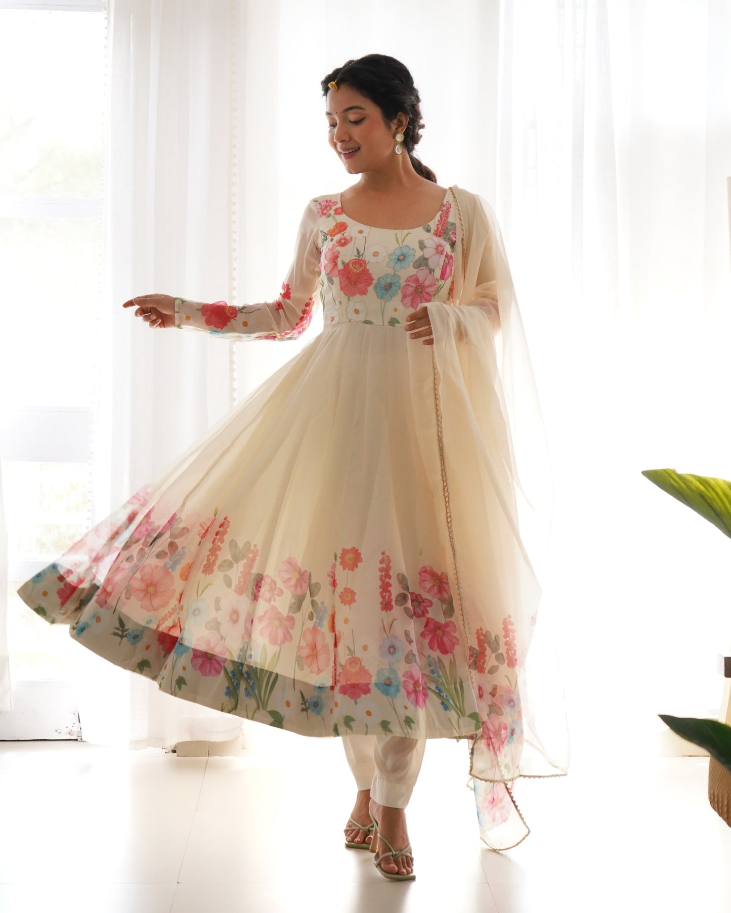 Ivory Soft Organza Silk Printed Anarkali Gown Set Pant Dupatta
