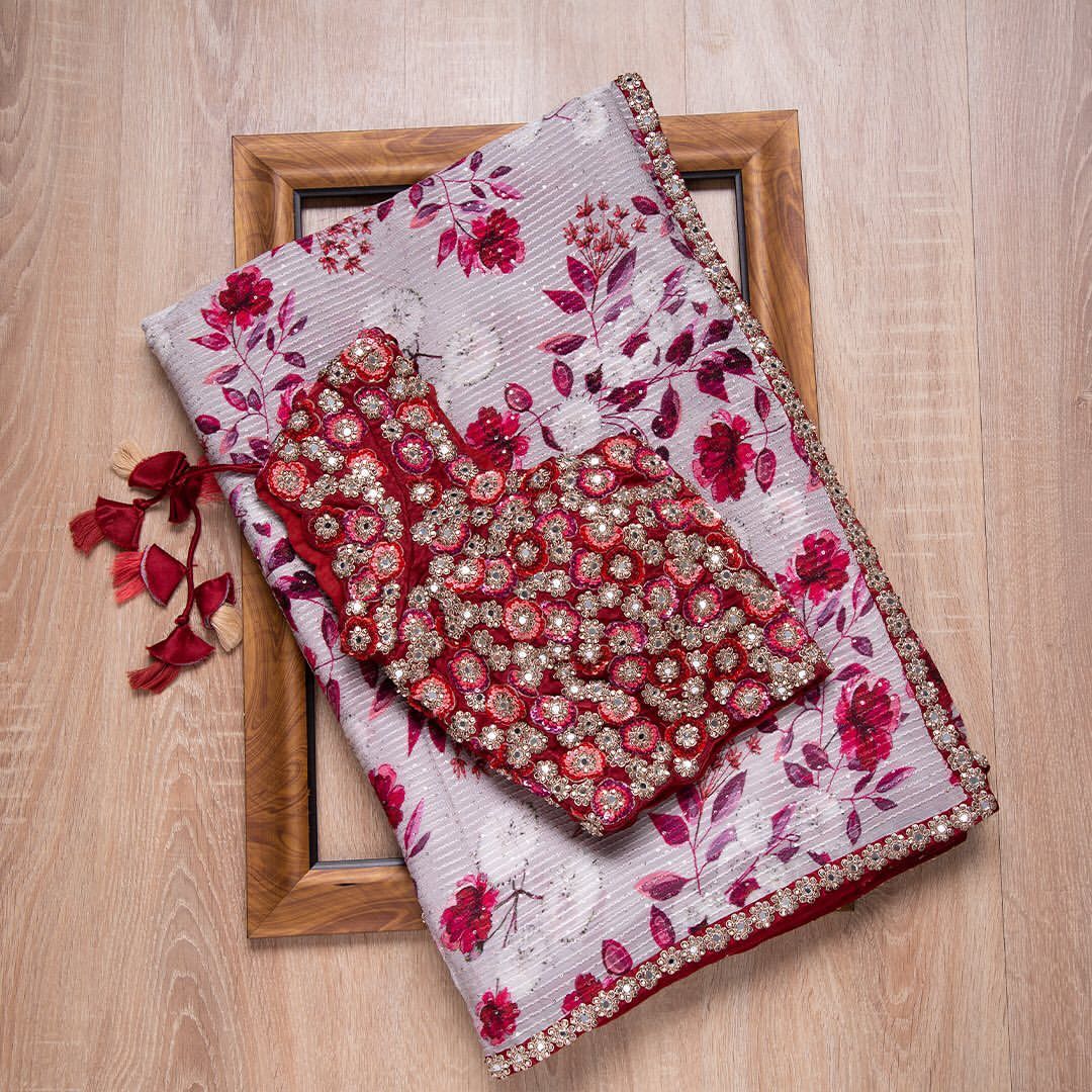 Wonderful Flower Printed Georgette And Sequence Embroidary Worked Saree Mirror Unstiched Blouse