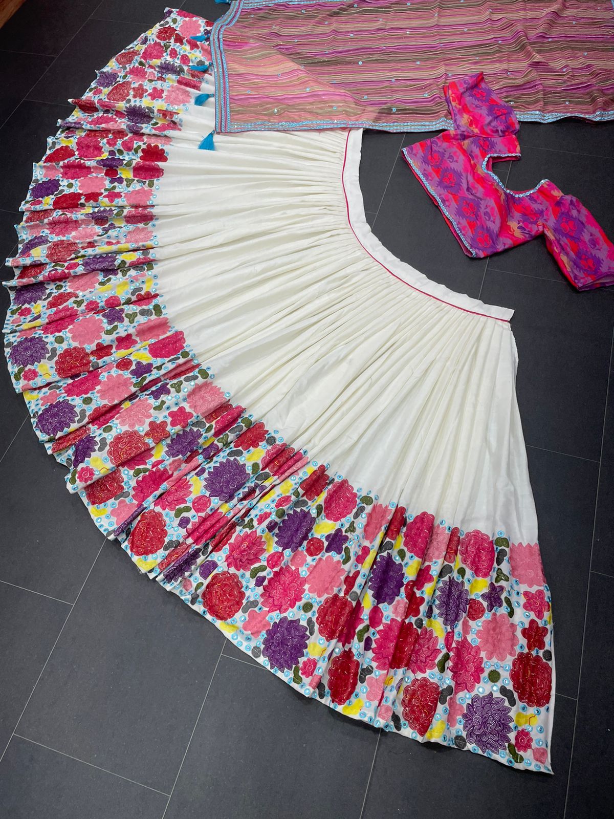 New Fabulous Heavy Slub Cotton Chain Stiched Worked Semi Stiched Lehanga Choli With Georgette Sequnce Fourside Embroidery Worked Lace Border Duppata