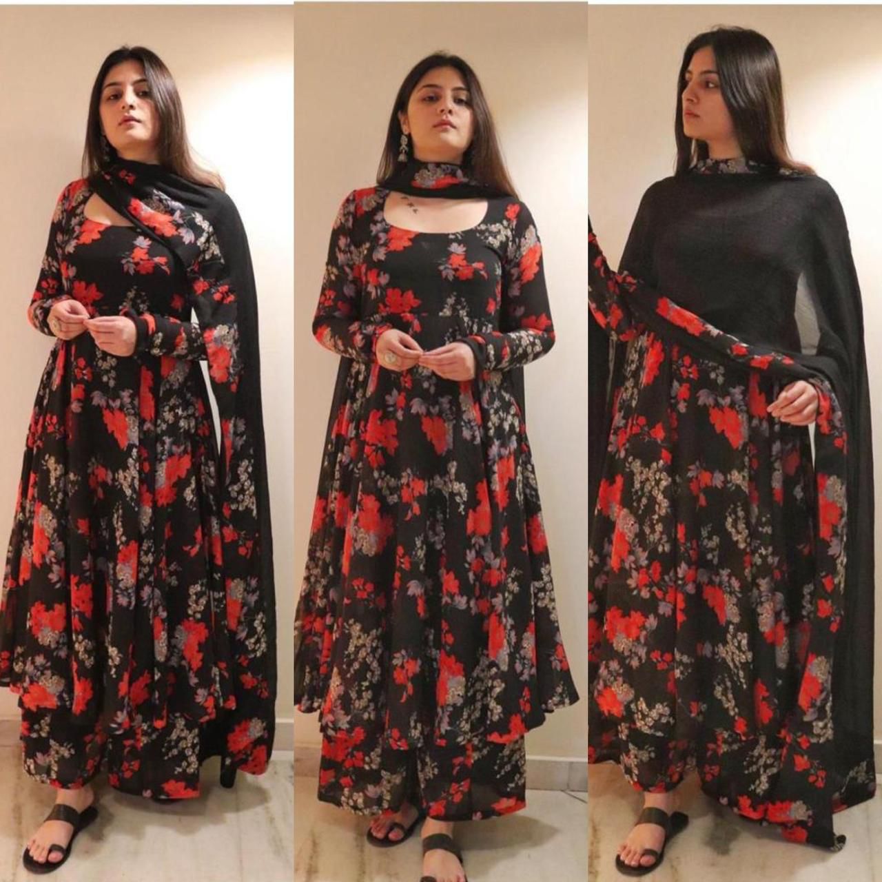 Black Full Stitch Georgette Printed Work Salwar Suit For Women