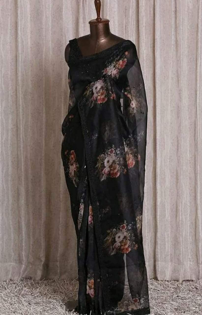 Party Wear Digital Printed Organza Silk Saree