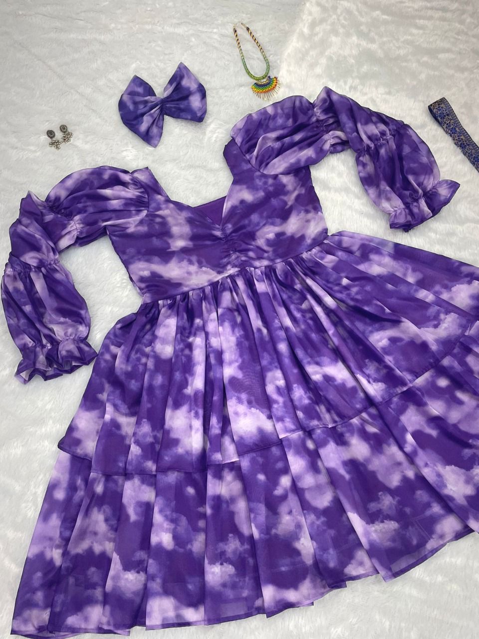 Purple Colour Organza Silk Digital Printed Double Layer One Pis Top With Belt And Hair Bend
