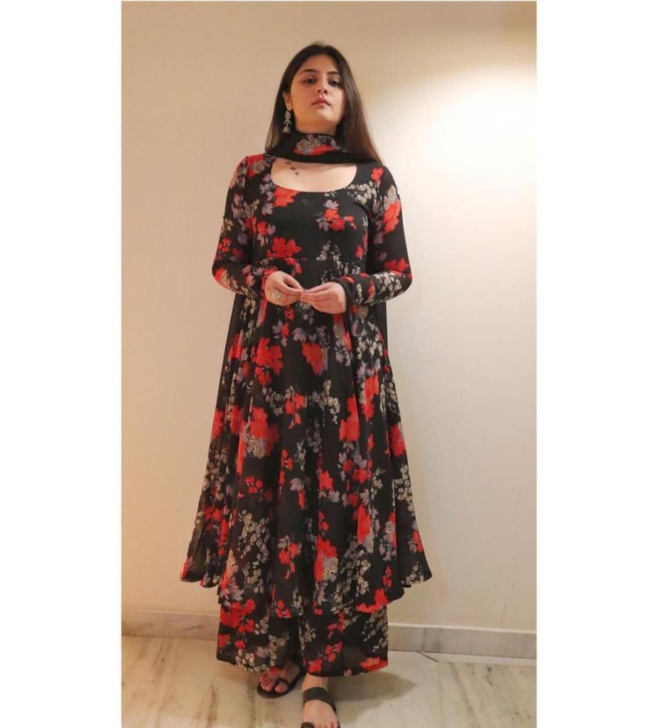 Black Full Stitch Georgette Printed Work Salwar Suit For Women