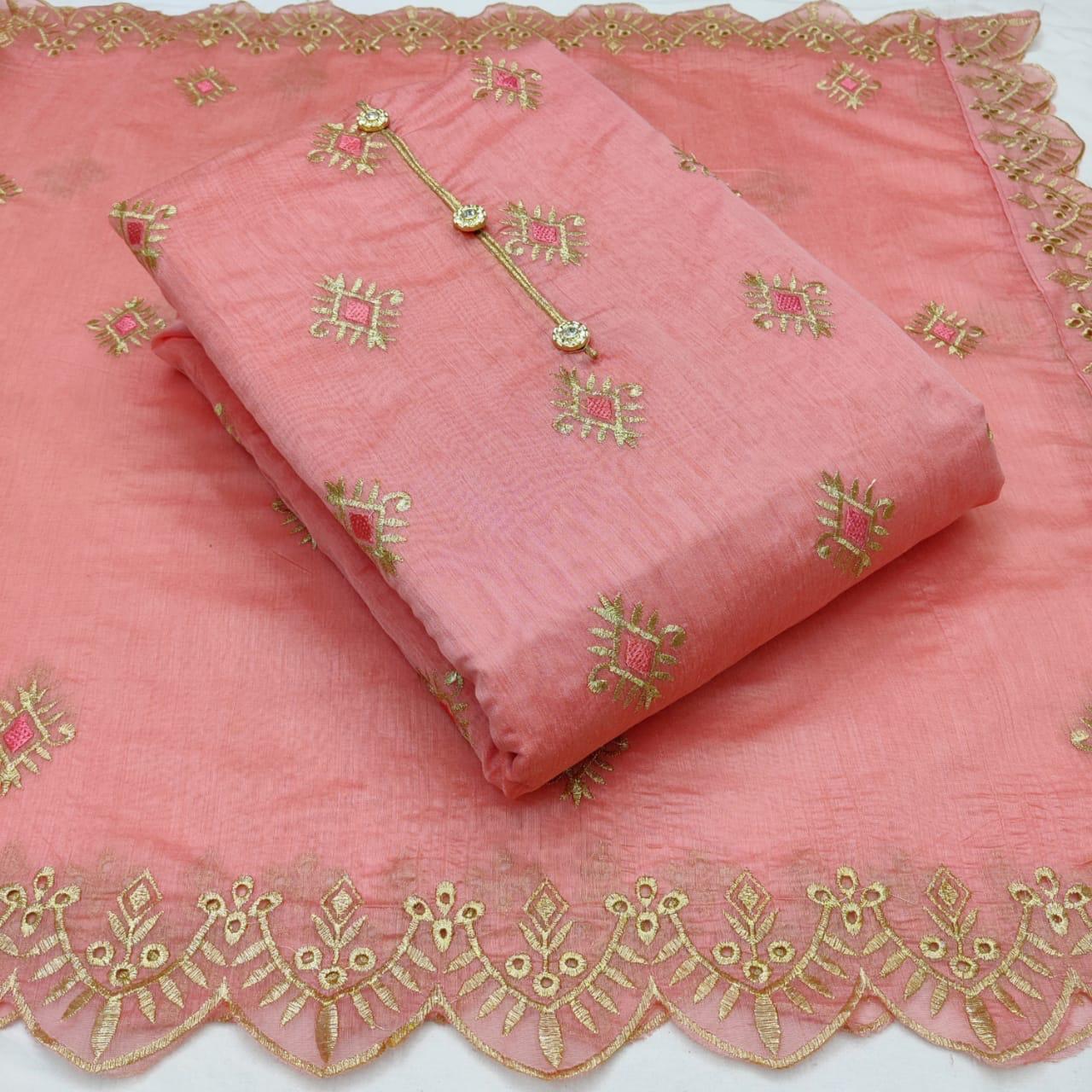 Peach color Chanderi Silk Embroidered Unstitched Dress Material