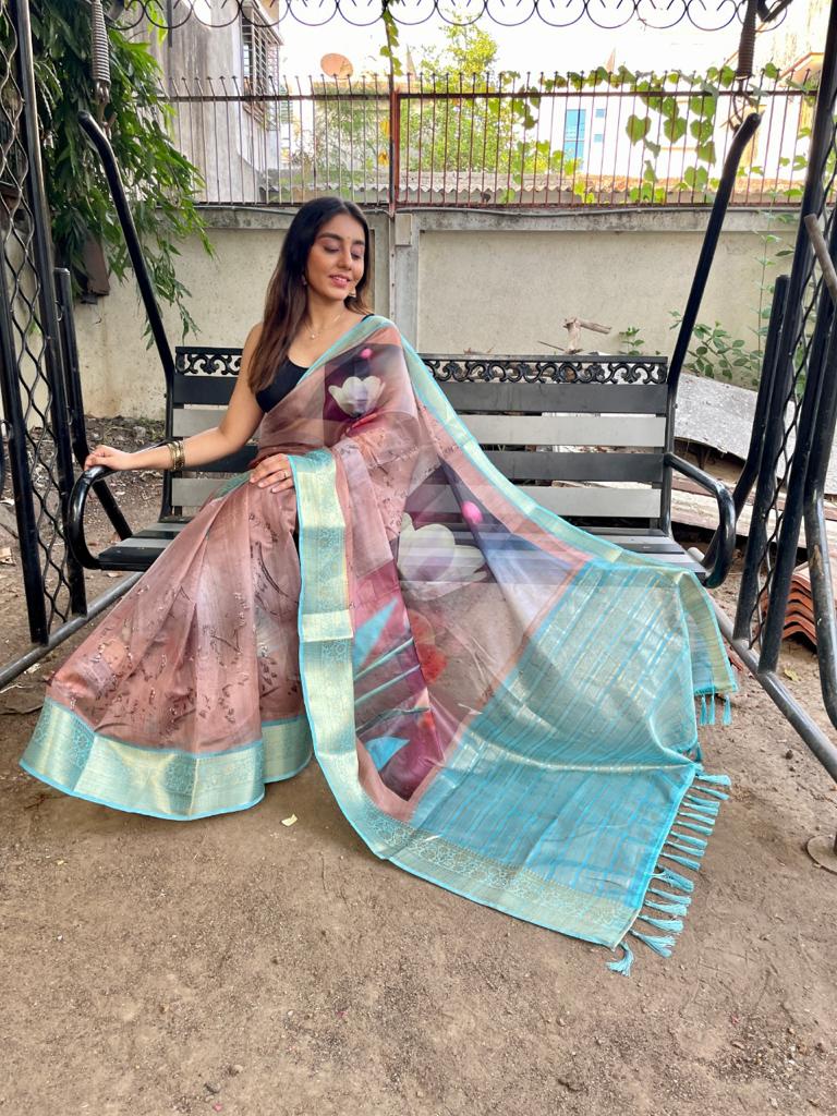Flower Printed Pure Organza Silk Weaving Pallu Saree Blouse