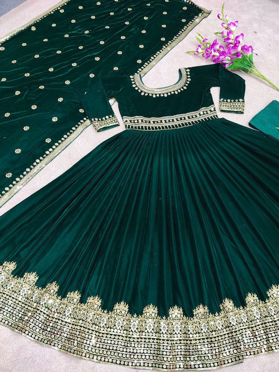 Green Velvet Embroidered Full Stitched Designer Gown