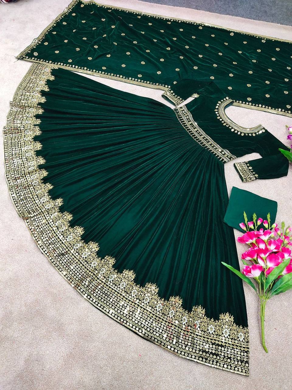 Green Velvet Embroidered Full Stitched Designer Gown