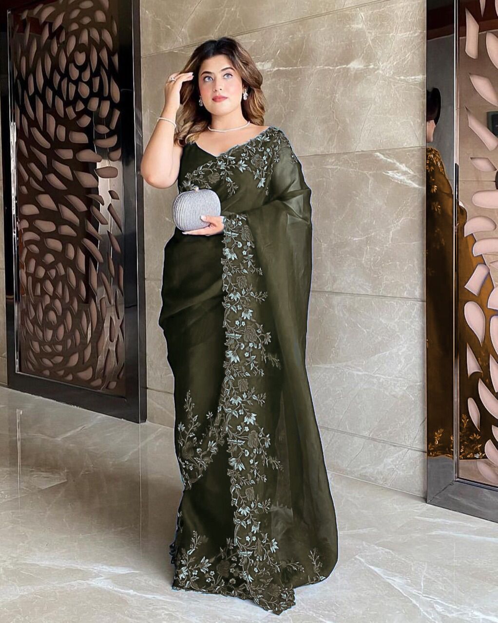 Lovely Royal Blue Organza Silk Multi Thread Cut Work Designer Saree Blouse