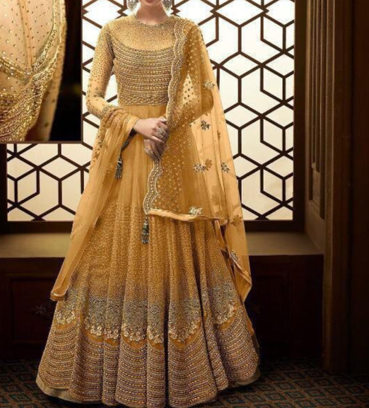 Graceful Mustard Color Diamond Work Wedding Wear Net Salwar Suit