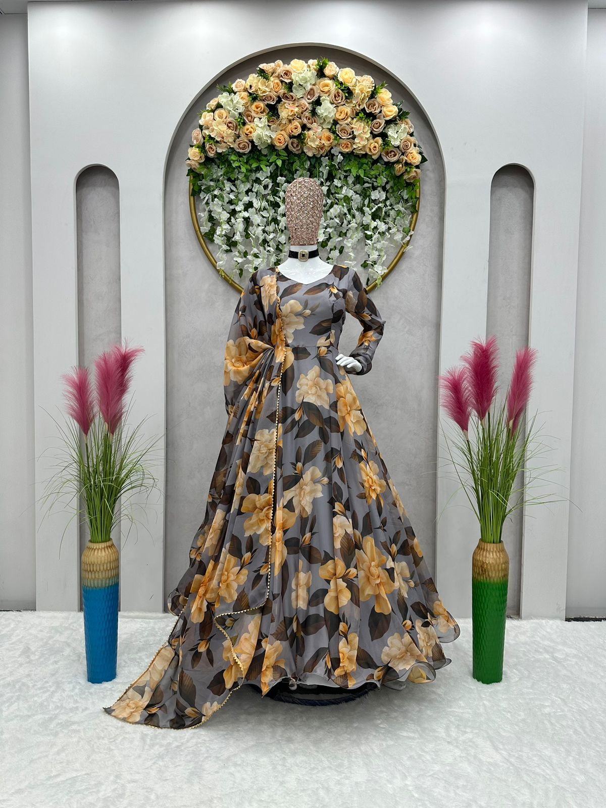 Function Wear Tubby Silk Printed Full Stitched Anarkali Gown