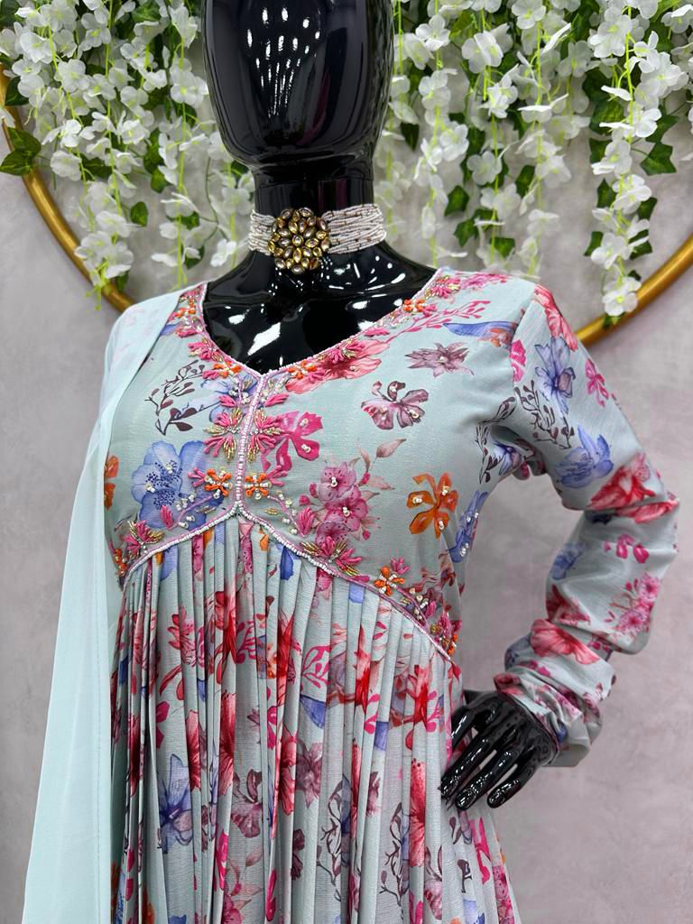 Designer Nyra Cut Silk Printed Handwork Ready to wear Suit