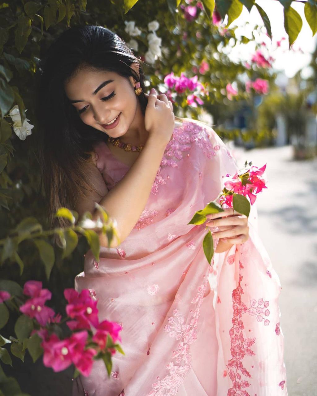 Onion Color Organza Silk Cut Work Designer Saree Blouse